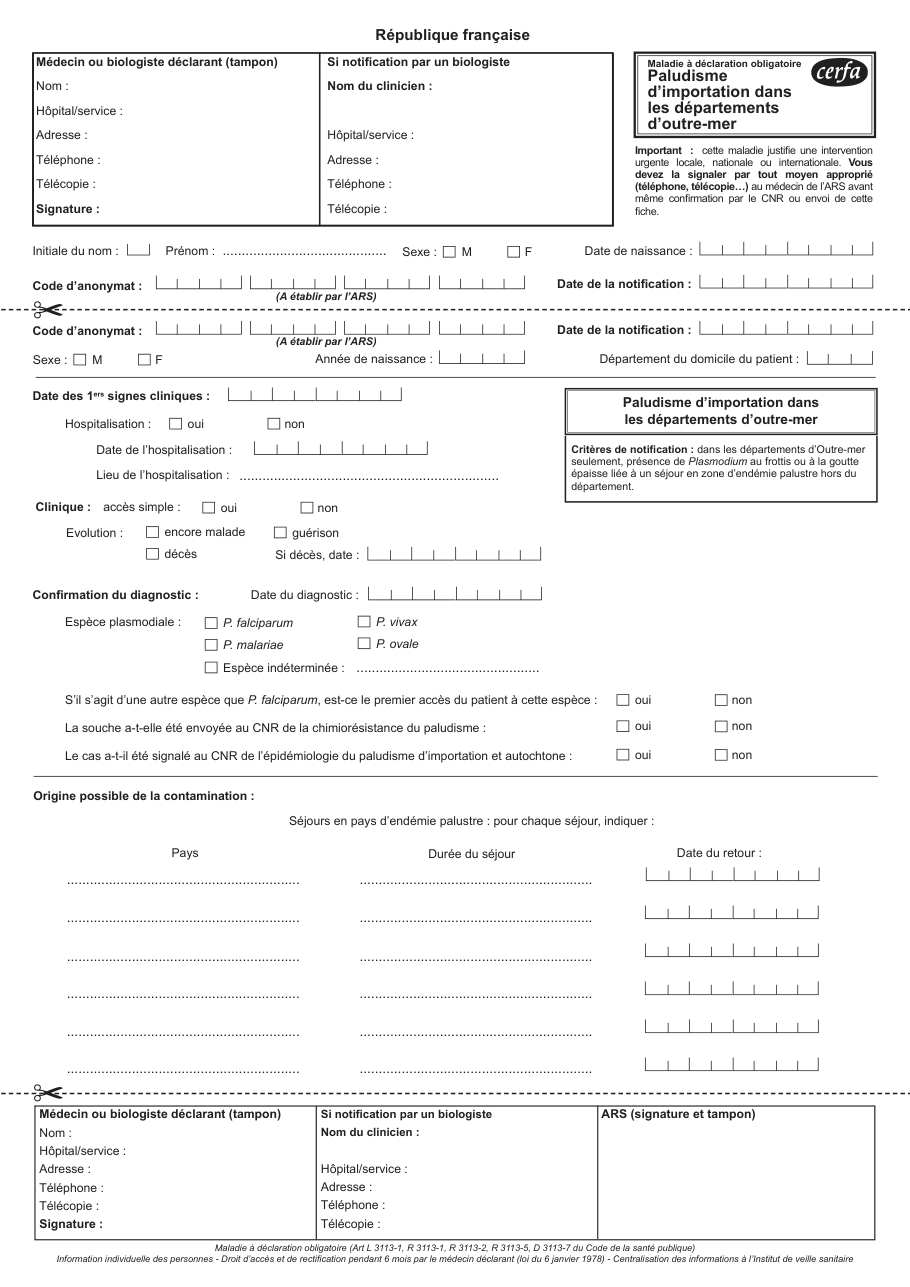 Page 1 du formulaire cerfa 12204 — Paludisme d'importation dans les départements d'outre-mer