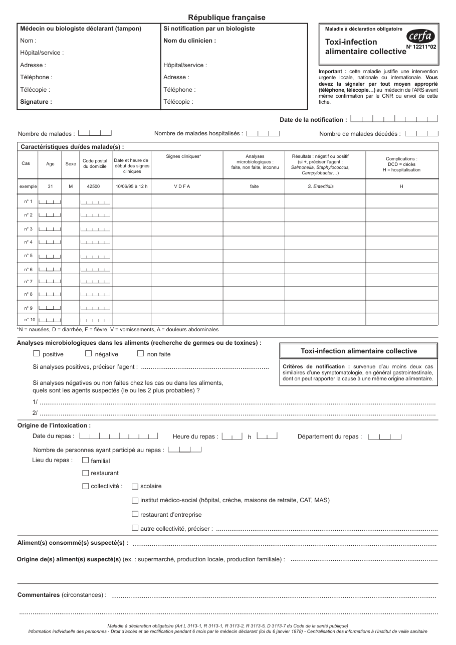 Page 1 du formulaire cerfa 12211 — Toxi-infection alimentaire collective