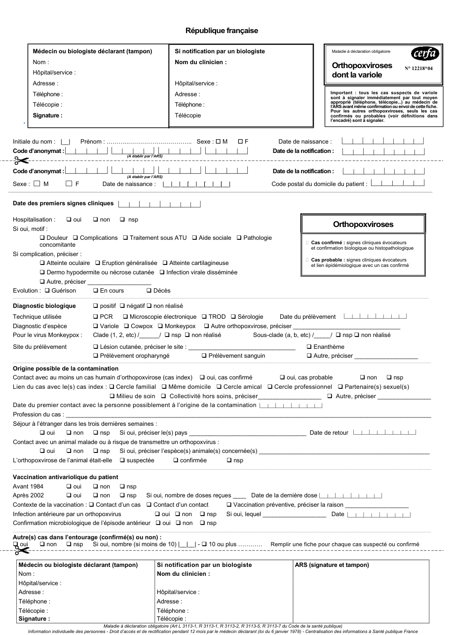 Page 1 du formulaire cerfa 12218 — Orthopoxviroses dont la variole