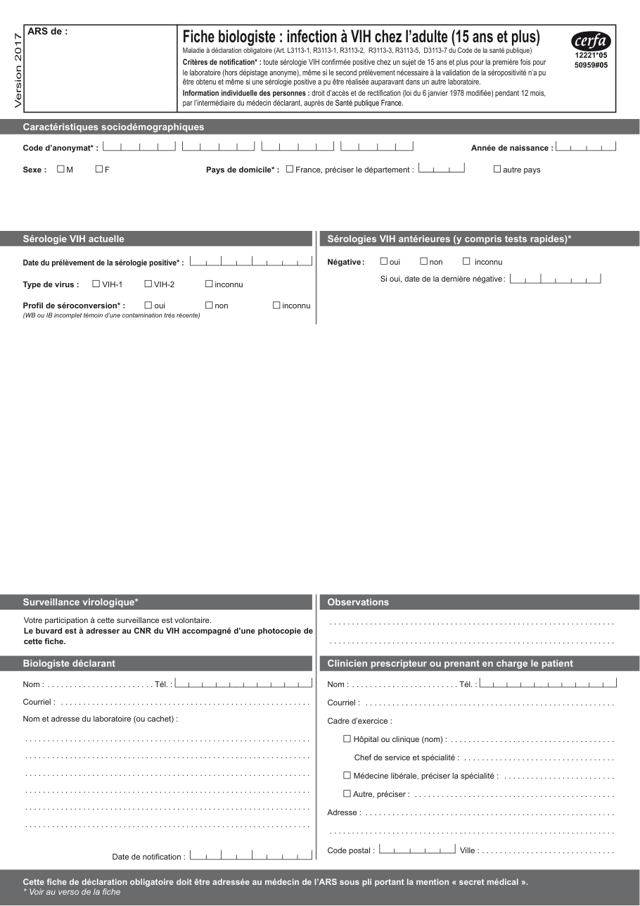 Page 1 du formulaire cerfa 12221 — Déclarer une infection à VIH chez un adulte