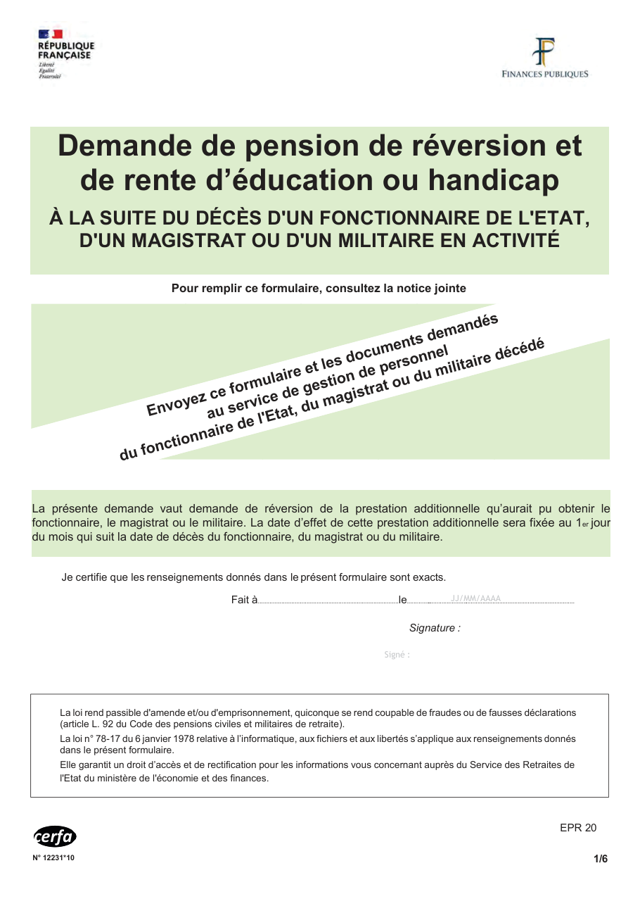 Page 1 du formulaire cerfa 12231 — Demande de pension de réversion et de rente d'éducation ou handicap