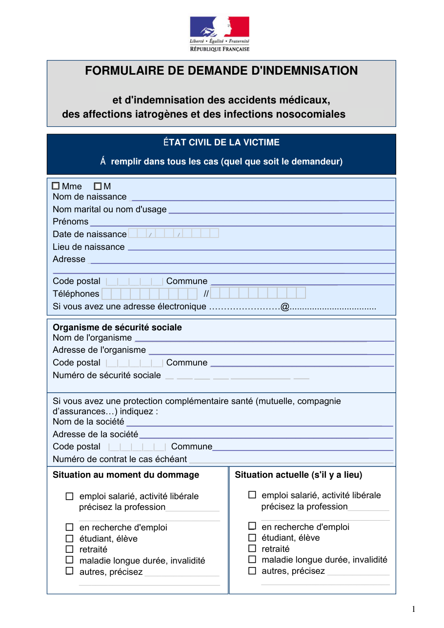 Page 1 du formulaire cerfa 12245 — Formulaire de demande d'indemnisation