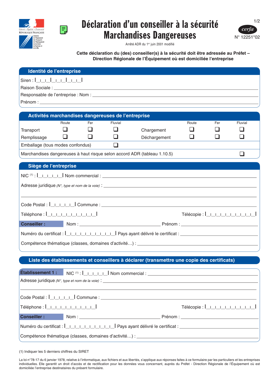 Page 1 du formulaire cerfa 12251 — Déclaration d’un conseiller à la sécurité Marchandises Dangereuses