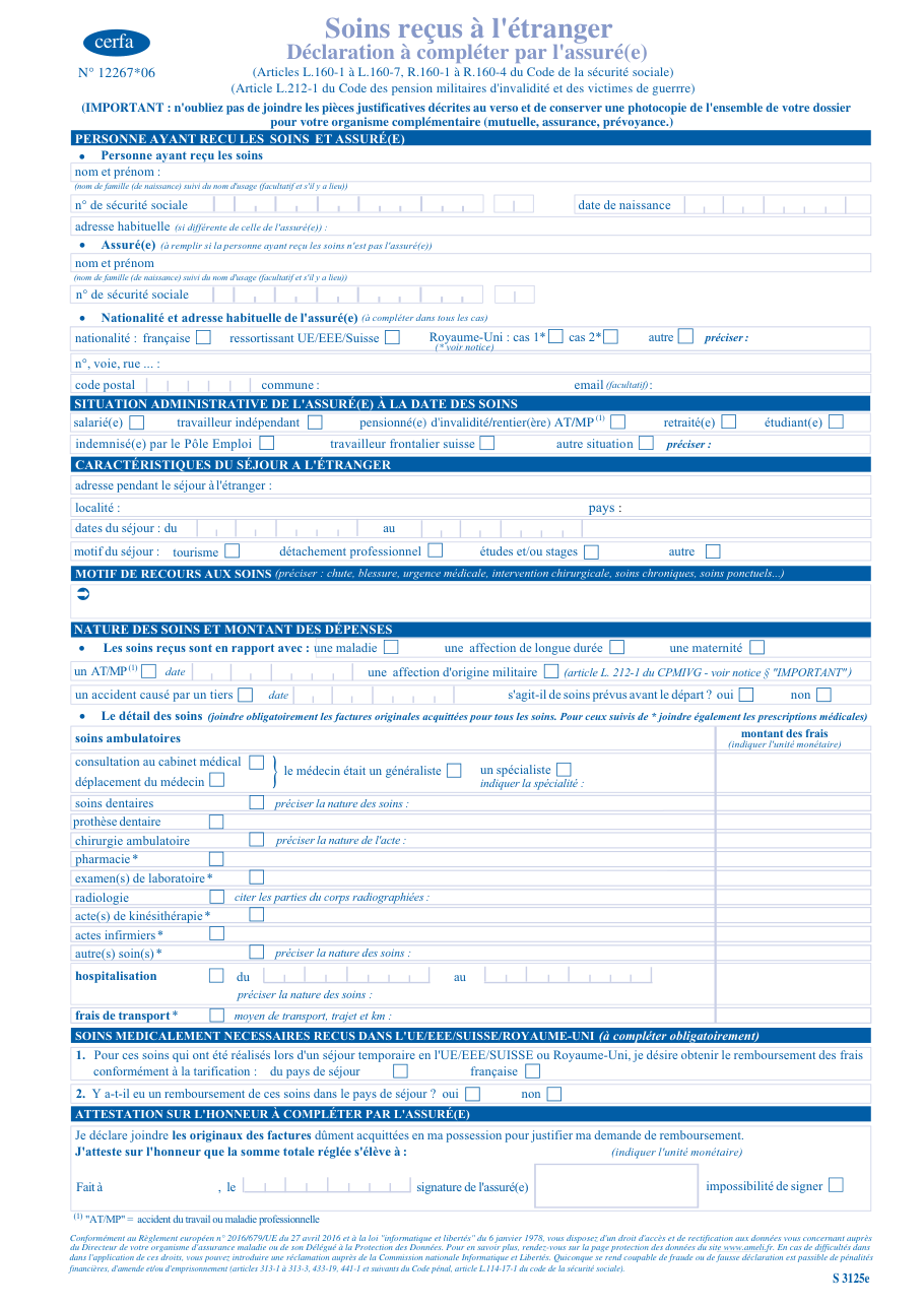 Page 1 du formulaire cerfa 12267 — Soins reçus à l’étranger