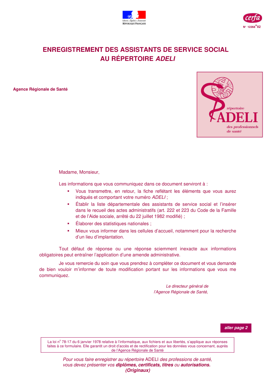 Page 1 du formulaire cerfa 12268 — Enregistrer un assistant de service social au répertoire ADELI