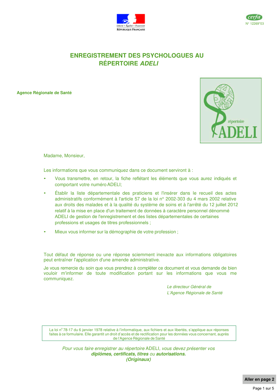 Page 1 du formulaire cerfa 12269 — Enregistrement des psychologues au répertoire ADELI