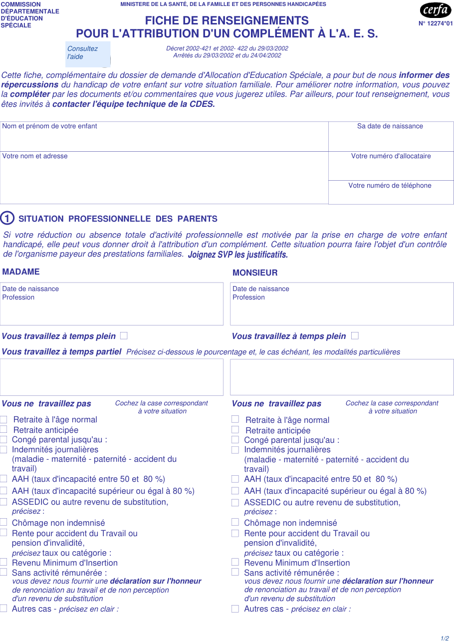 Page 1 du formulaire cerfa 12274 — Fiche de renseignements pour l'attribution d'un complément à l'Allocation d'Éducation