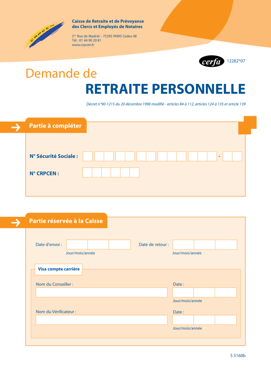 Page 1 du formulaire cerfa 12282 — Demande de retraite personnelle