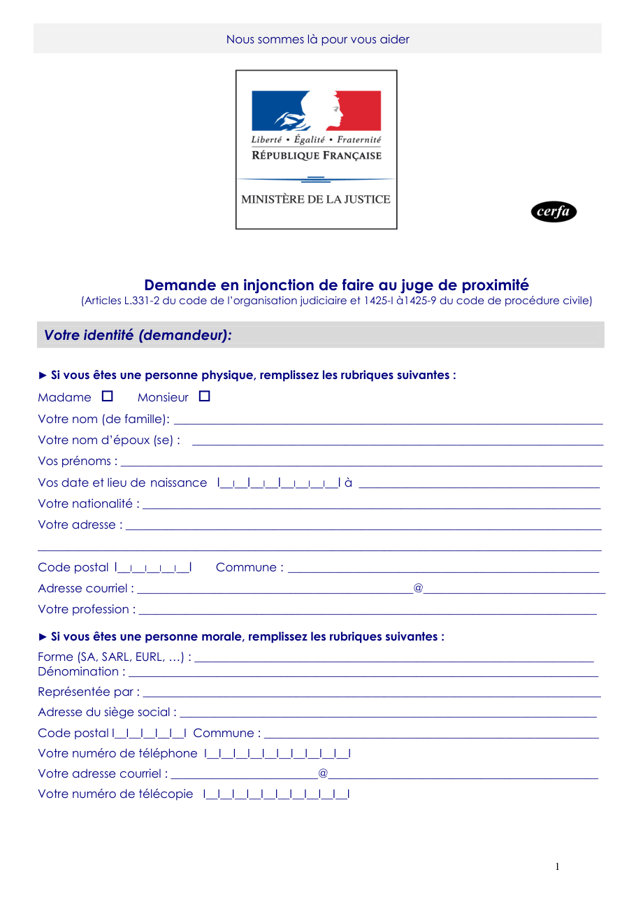 Page 1 du formulaire cerfa 12288 — Demande en injonction de faire au juge de proximité