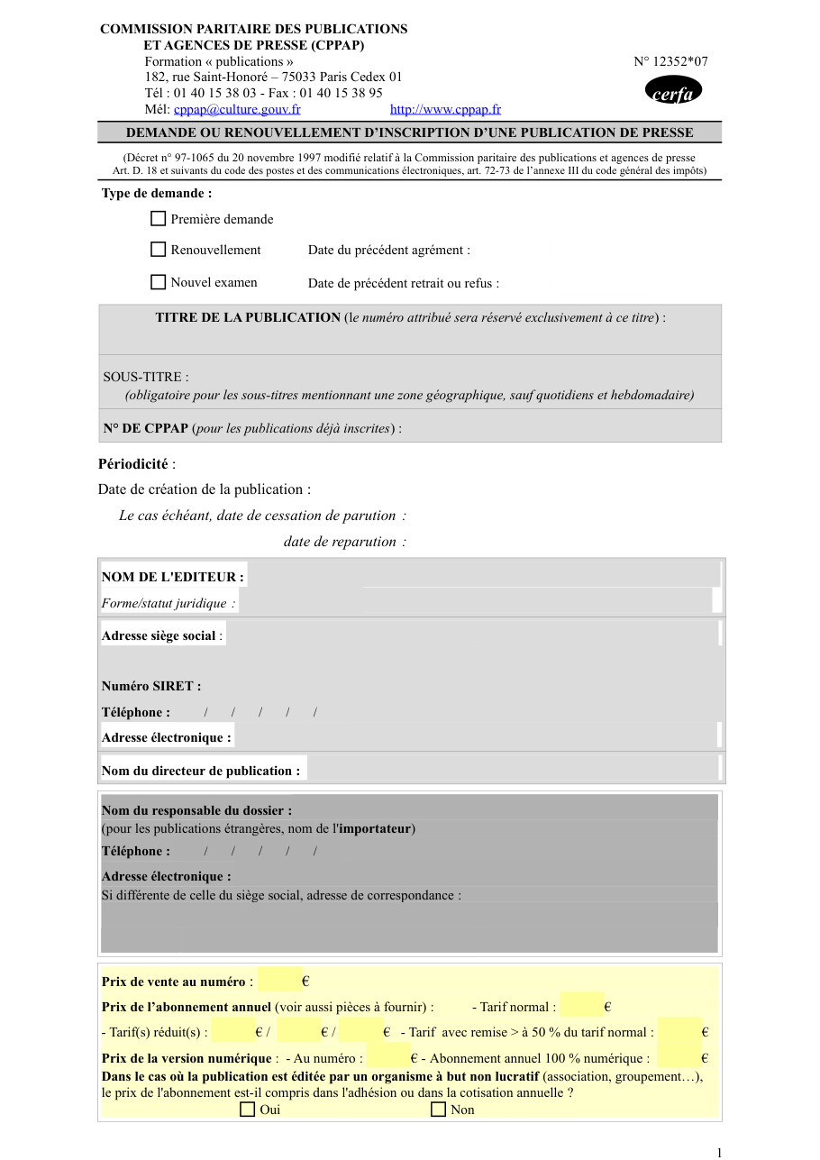 Page 1 du formulaire cerfa 12352 — Demander ou renouveler l’inscription d’une publication de presse