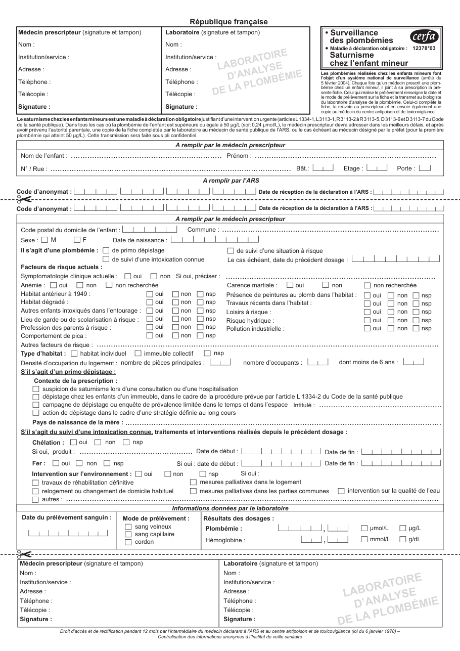 Page 1 du formulaire cerfa 12378 — Laboratoire de la plombémie