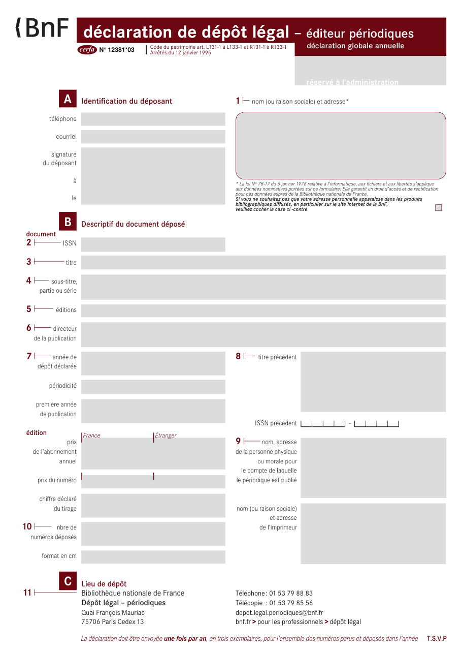 Page 1 du formulaire cerfa 12381 — Déclaration de dépôt légal – éditeur périodiques (déclaration globale annuelle)