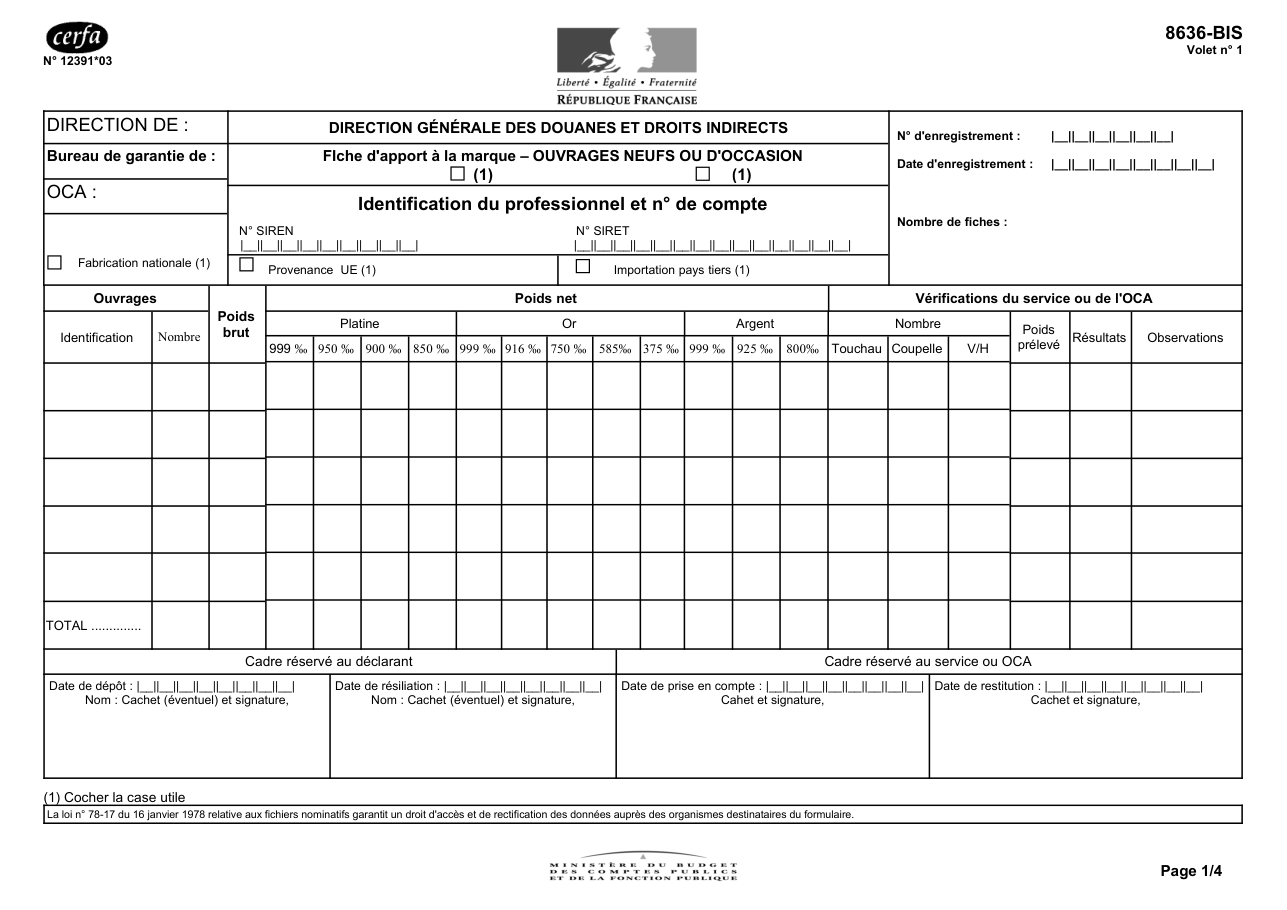 Page 1 du formulaire cerfa 12391 — Fiche d'apport à la marque – ouvrages neufs ou d'occasion