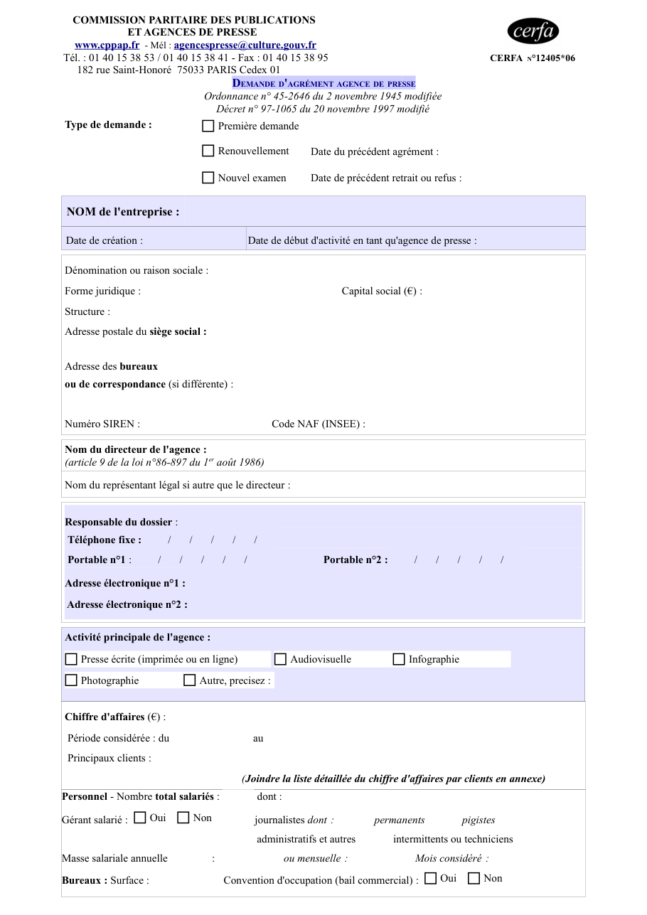 Page 1 du formulaire cerfa 12405 — Demande d'agrément agence de presse
