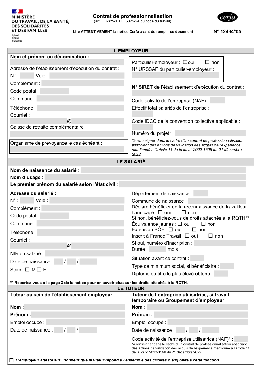 Page 1 du formulaire cerfa 12434*05 — Contrat de professionnalisation