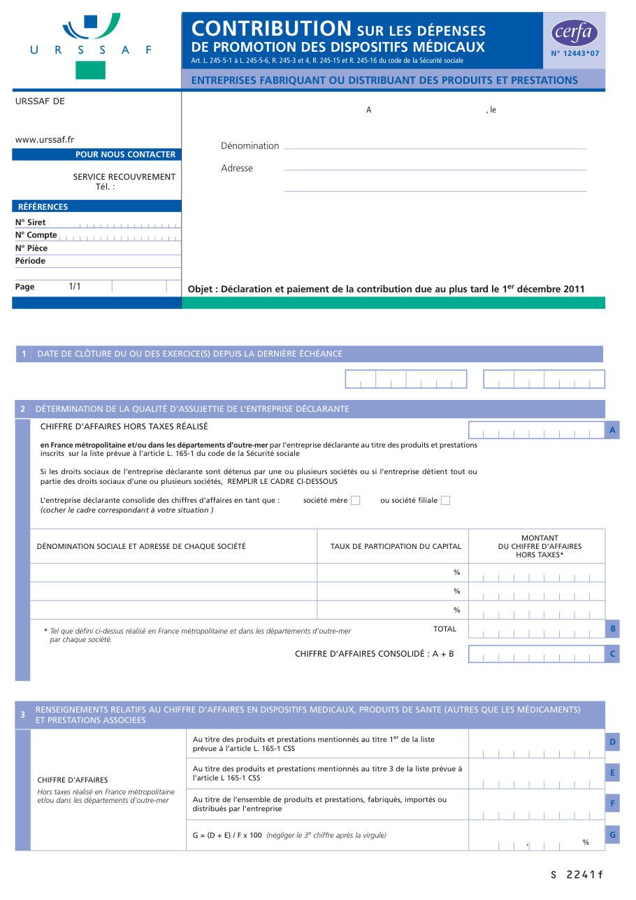 Page 1 du formulaire cerfa 12443 — Déclaration et paiement de la contribution sur les dépenses de promotion des dispositifs