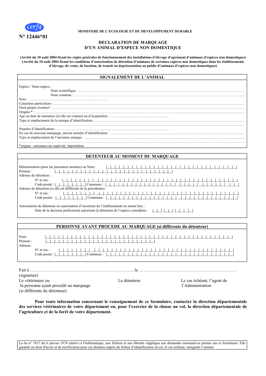Page 1 du formulaire cerfa 12446 — Déclaration de marquage d'un animal d'espèce non domestique
