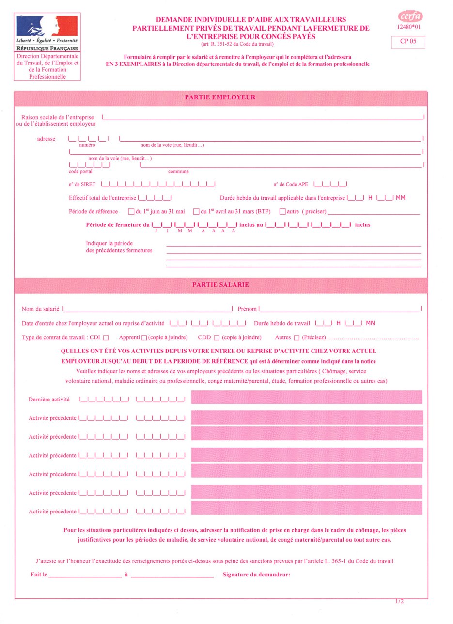 Page 1 du formulaire cerfa 12480 — Demande individuelle chômage partiel congés payés