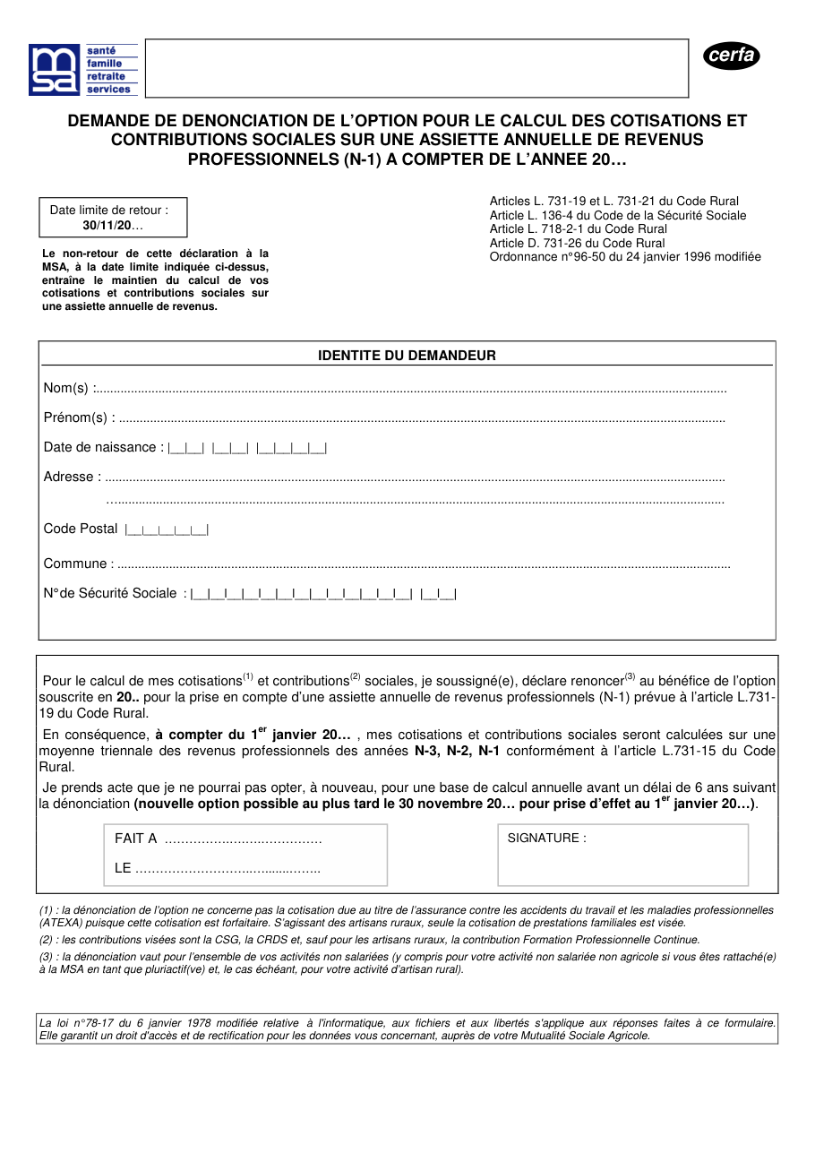Page 1 du formulaire cerfa 12481 — Demande de dénonciation de l'option pour le calcul des cotisations sociales