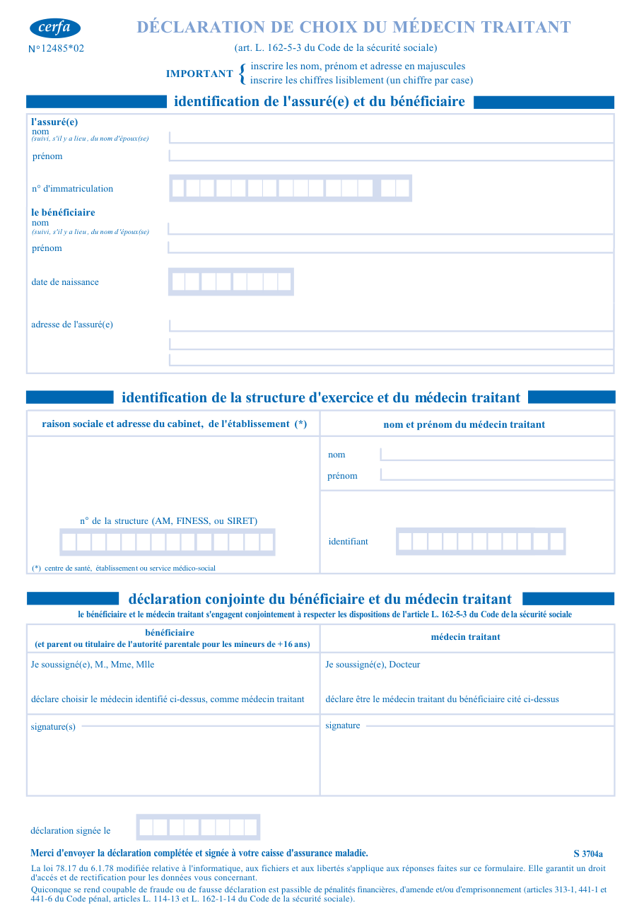 Page 1 du formulaire cerfa 12485 — Déclaration de choix du médecin traitant