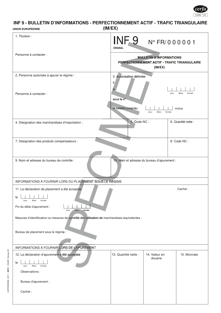 Page 1 du formulaire cerfa 12496 — Établir le bulletin d'informations INF 9 du perfectionnement actif