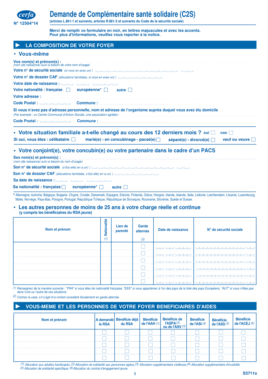 Page 1 du formulaire cerfa 12504 — Demande de Complémentaire santé solidaire (C2S)