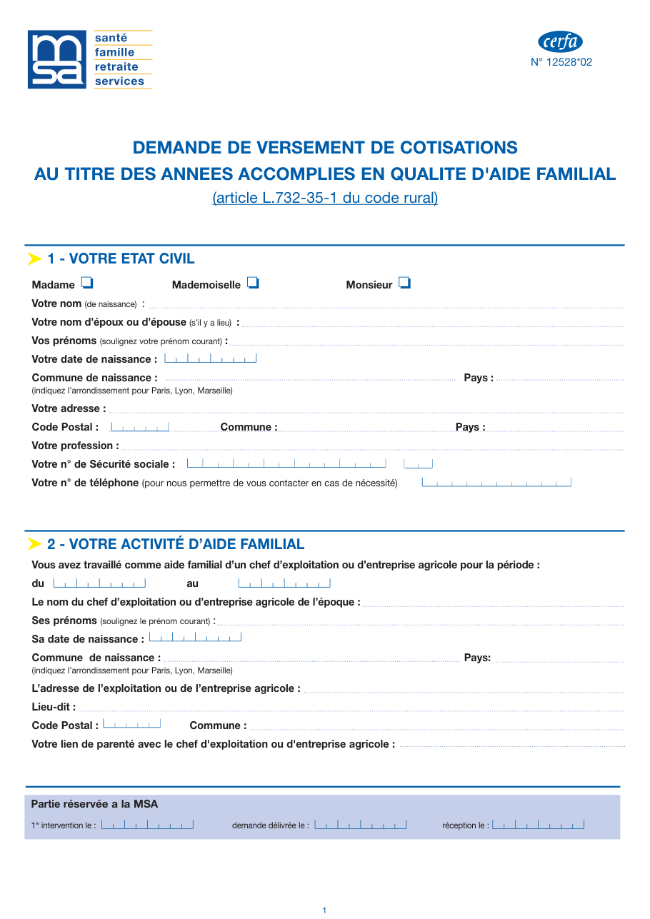 Page 1 du formulaire cerfa 12528 — Demande de versement de cotisations au titre des années accomplies en qualité d'aide familial