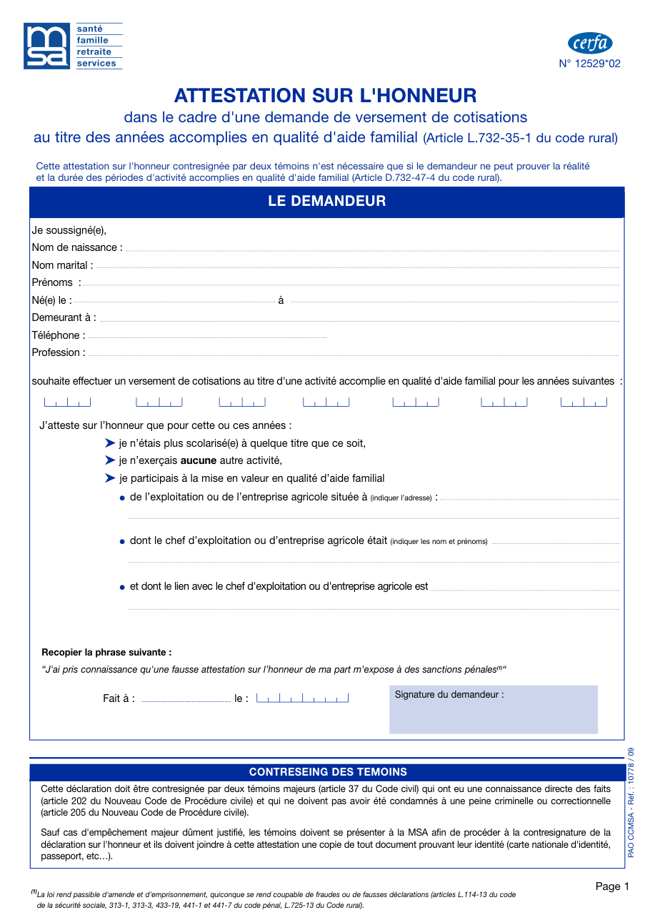 Page 1 du formulaire cerfa 12529 — Attestation sur l'honneur — versement de cotisations au titre d'une activité d'aide