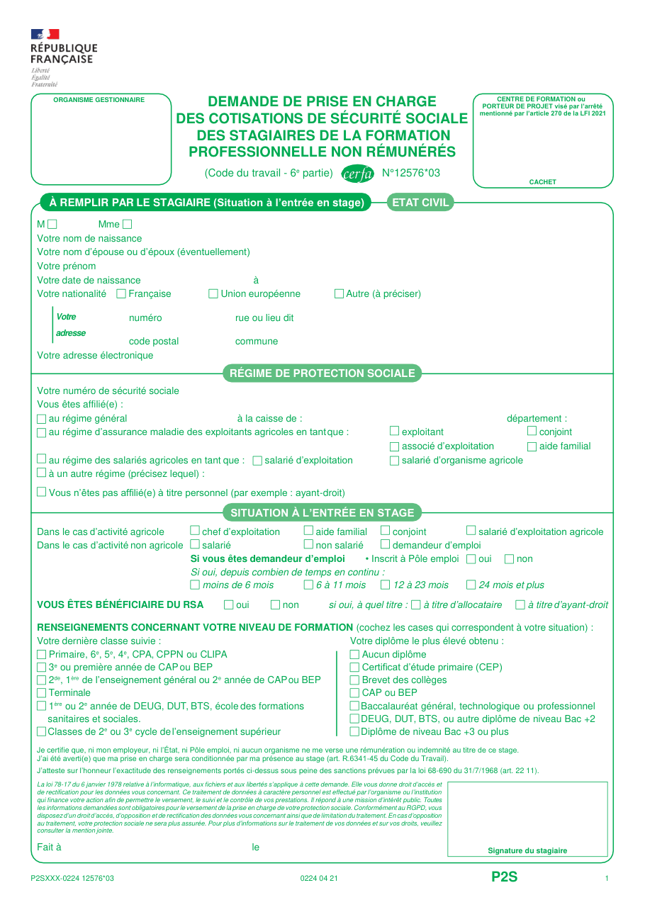 Page 1 du formulaire cerfa 12576 — Demande de prise en charge des cotisations de sécurité sociale des stagiaires de la formation professionnelle