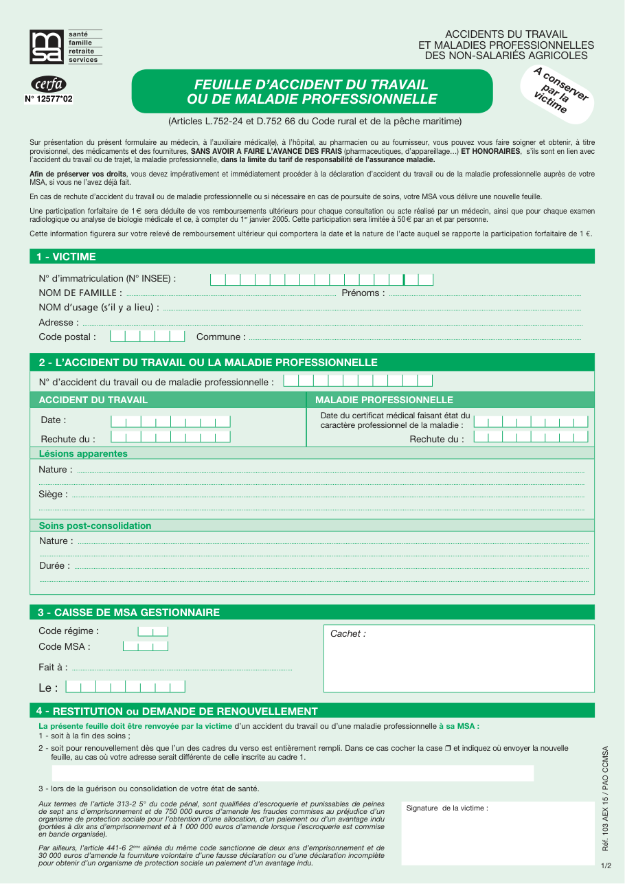 Page 1 du formulaire cerfa 12577 — Feuille d'accident du travail ou de maladie professionnelle pour les soins