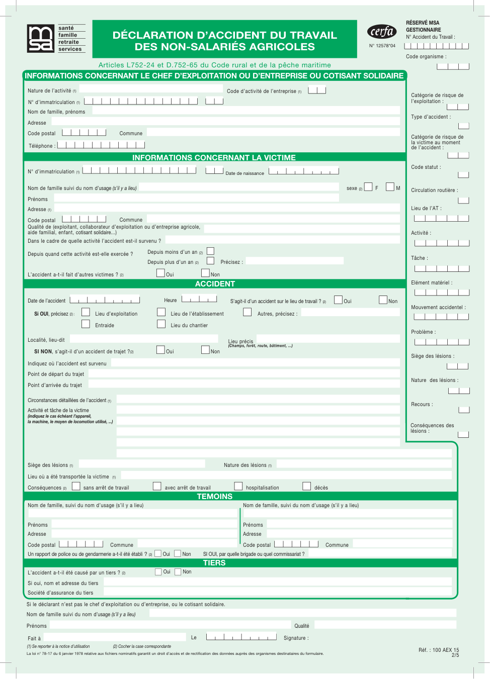 Page 1 du formulaire cerfa 12578 — Déclaration d’accident du travail des non-salariés agricoles