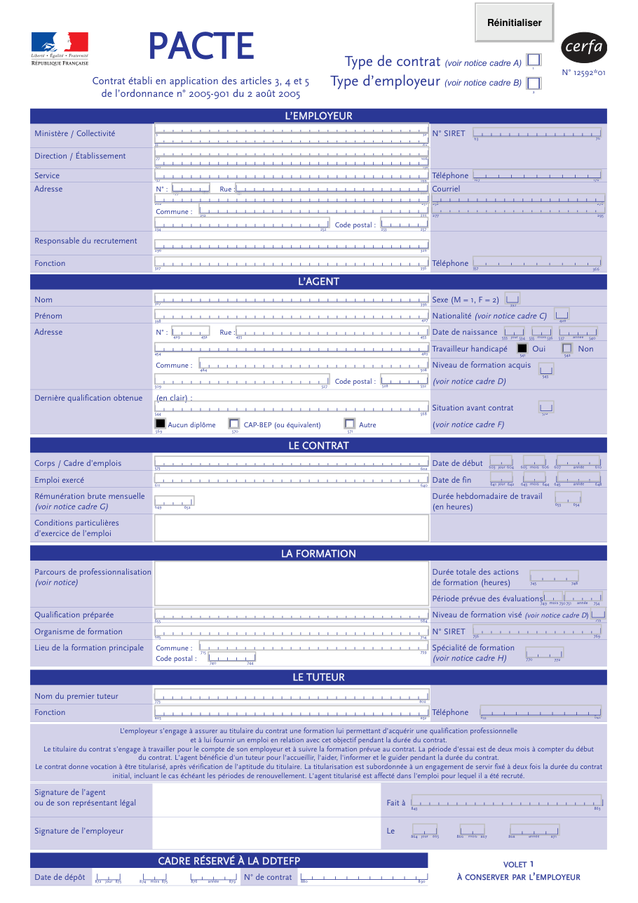 Page 1 du formulaire cerfa 12592 — Contrat PACTE — type de contrat, type d'employeur