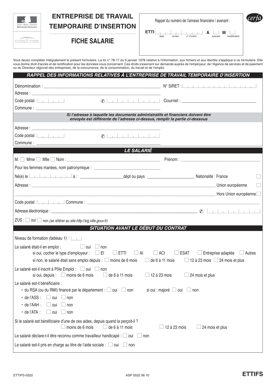 Page 1 du formulaire cerfa 12607 — Entreprise de travail temporaire d'insertion