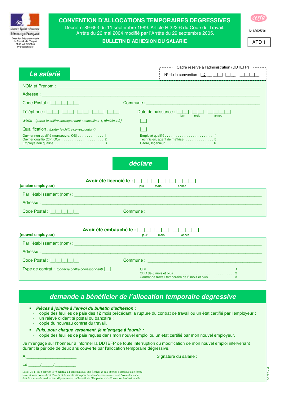 Page 1 du formulaire cerfa 12625 — Adhésion du salarié à une convention d'allocation temporaire dégressive