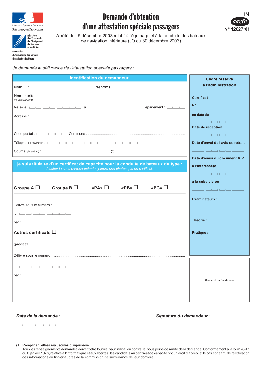 Page 1 du formulaire cerfa 12627 — Demande d’obtention d’une attestation spéciale passagers