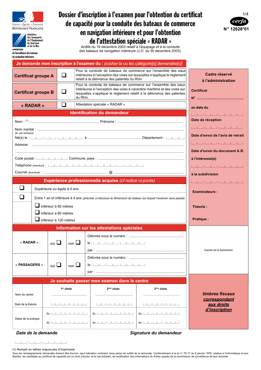 Page 1 du formulaire cerfa 12628 — Dossier d'inscription à l'examen pour l'obtention du certificat de capacité