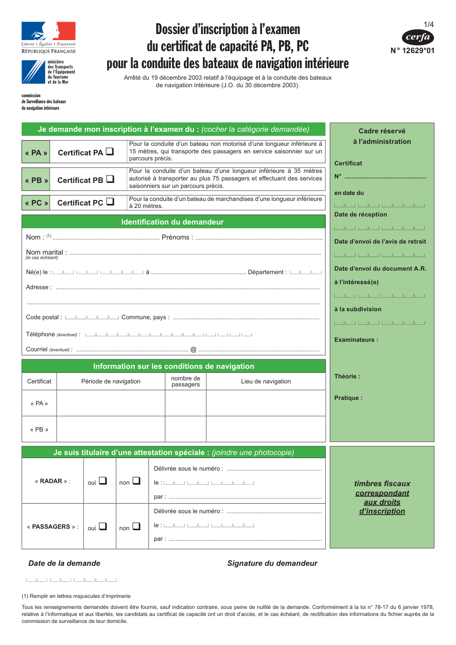 Page 1 du formulaire cerfa 12629 — Inscription à l'examen du certificat de capacité PA, PB ou PC