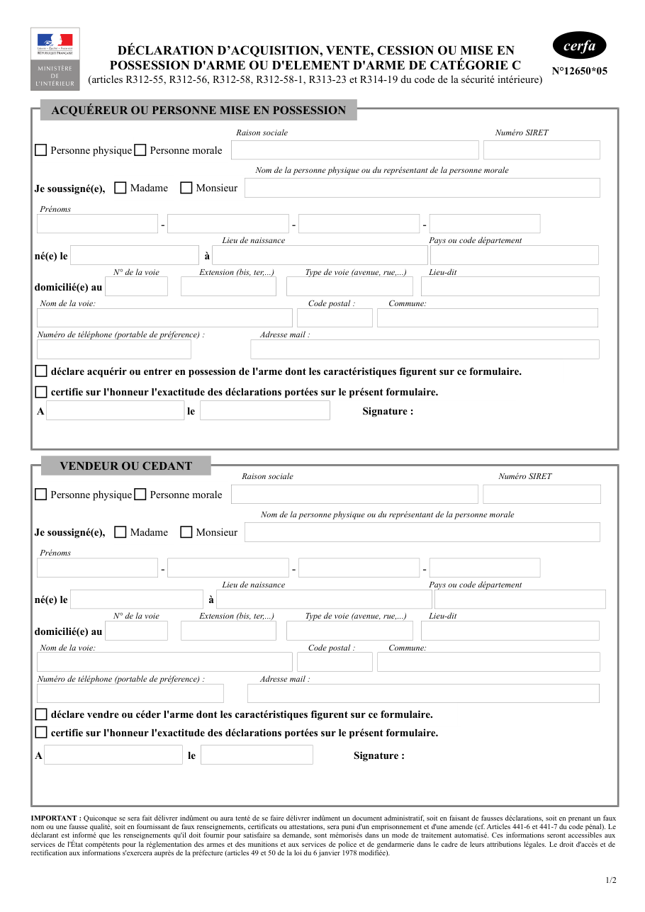 Page 1 du formulaire cerfa 12650 — Déclaration d'acquisition, vente, cession ou mise en possession d'arme ou d'élément d'arme de catégorie c