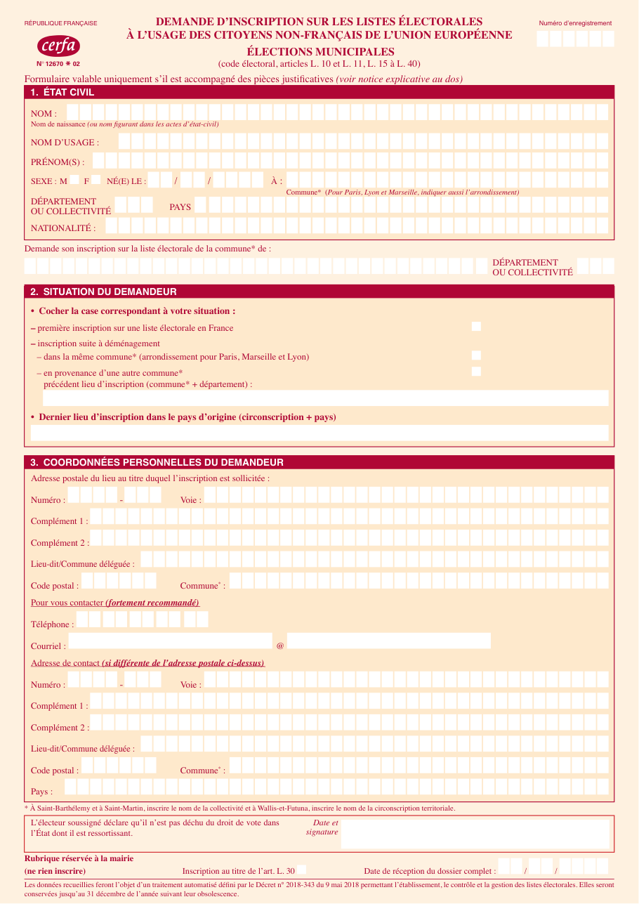 Page 1 du formulaire cerfa 12670 — Demande d'inscription sur les listes électorales pour citoyens non-français de l'UE