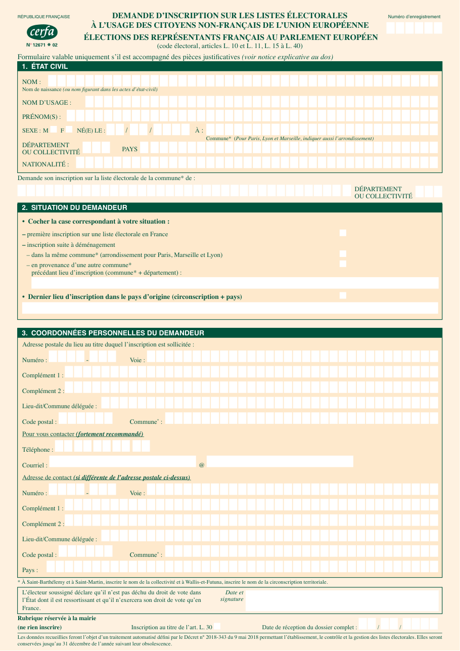 Page 1 du formulaire cerfa 12671 — Inscription sur les listes électorales à l'usage des citoyens non-français de l'Union européenne élections