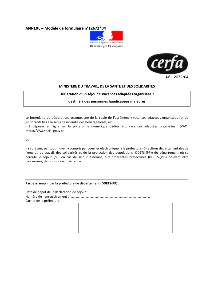 Page 1 du formulaire cerfa 12672 — Déclaration d'un séjour « Vacances adaptées organisées » destiné à des personnes handicapées majeures