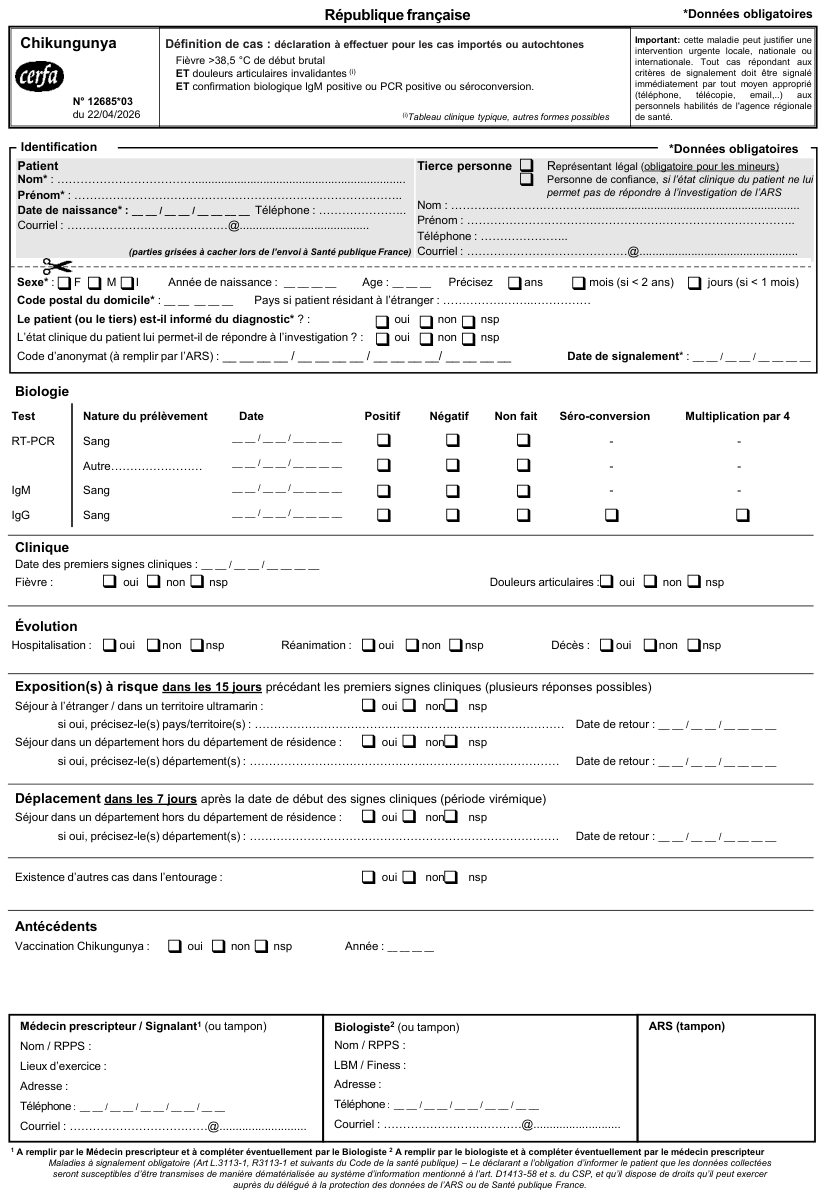 Page 1 du formulaire cerfa 12685 — Signaler un cas de chikungunya, maladie à signalement obligatoire