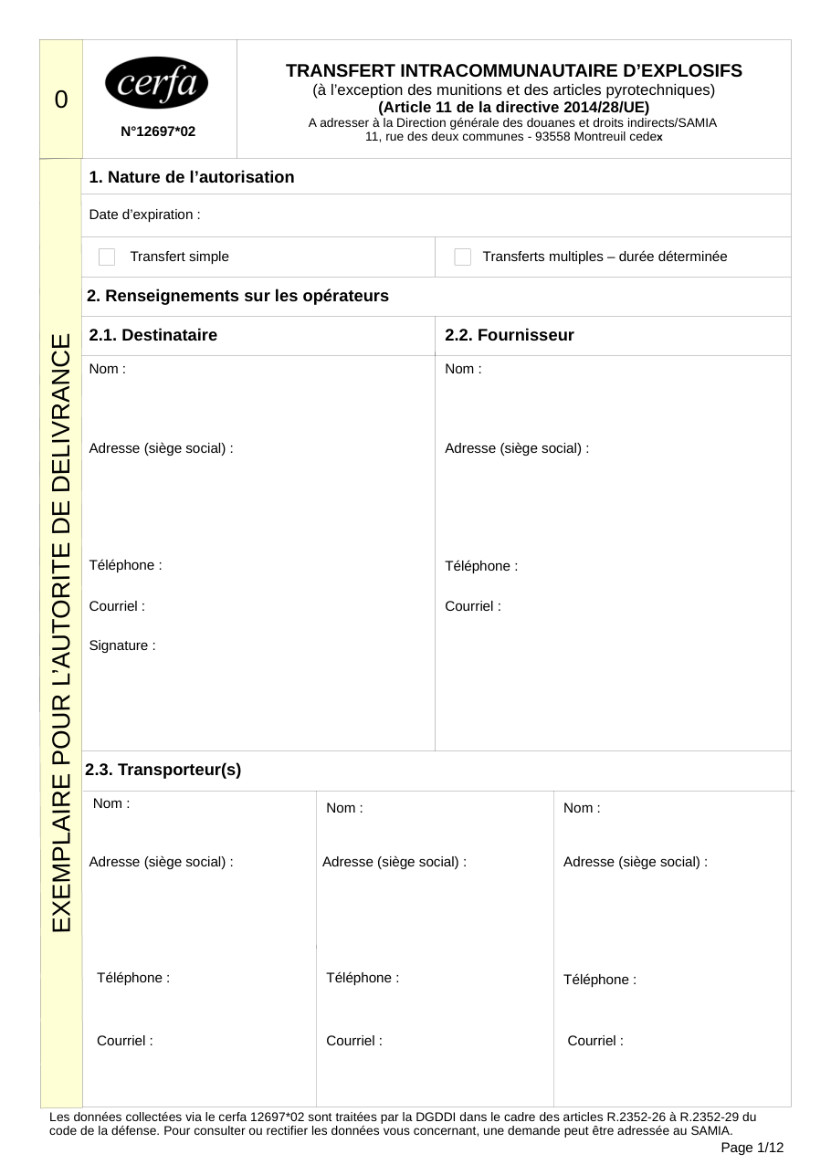 Page 1 du formulaire cerfa 12697 — Transfert intracommunautaire d’explosifs