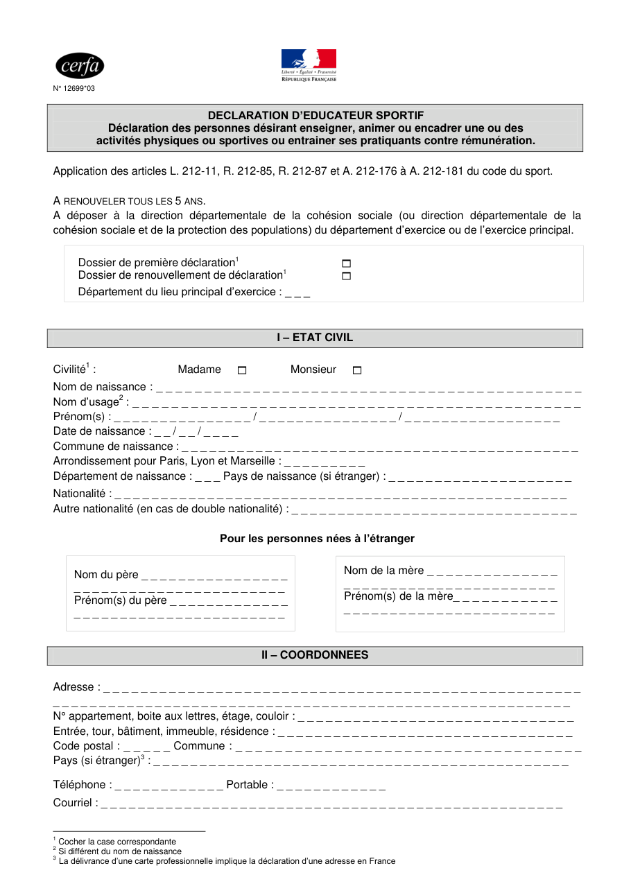 Page 1 du formulaire cerfa 12699 — Déclaration d'éducateur sportif