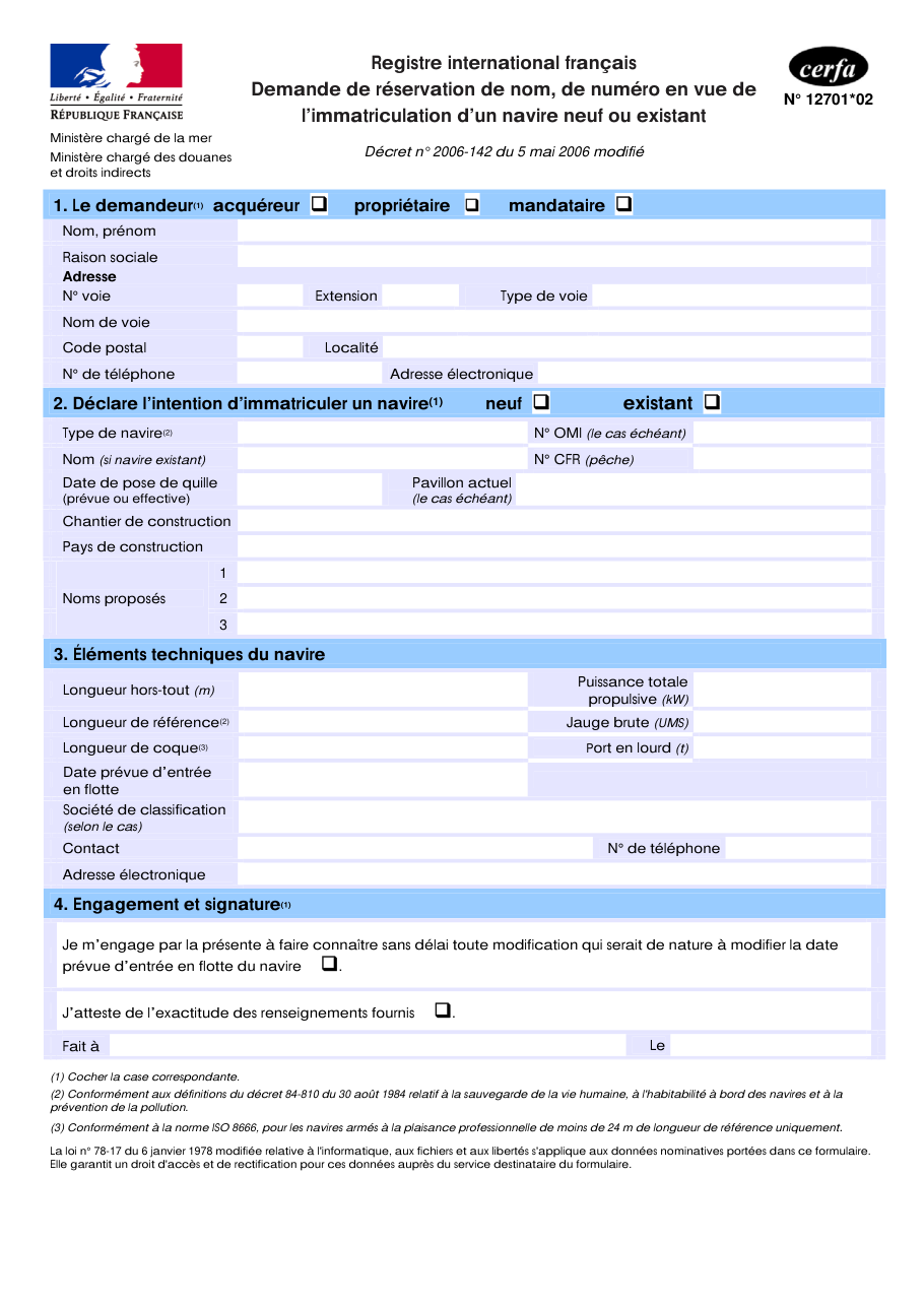 Page 1 du formulaire cerfa 12701 — Registre international français, demande de réservation de nom, de numéro en vue