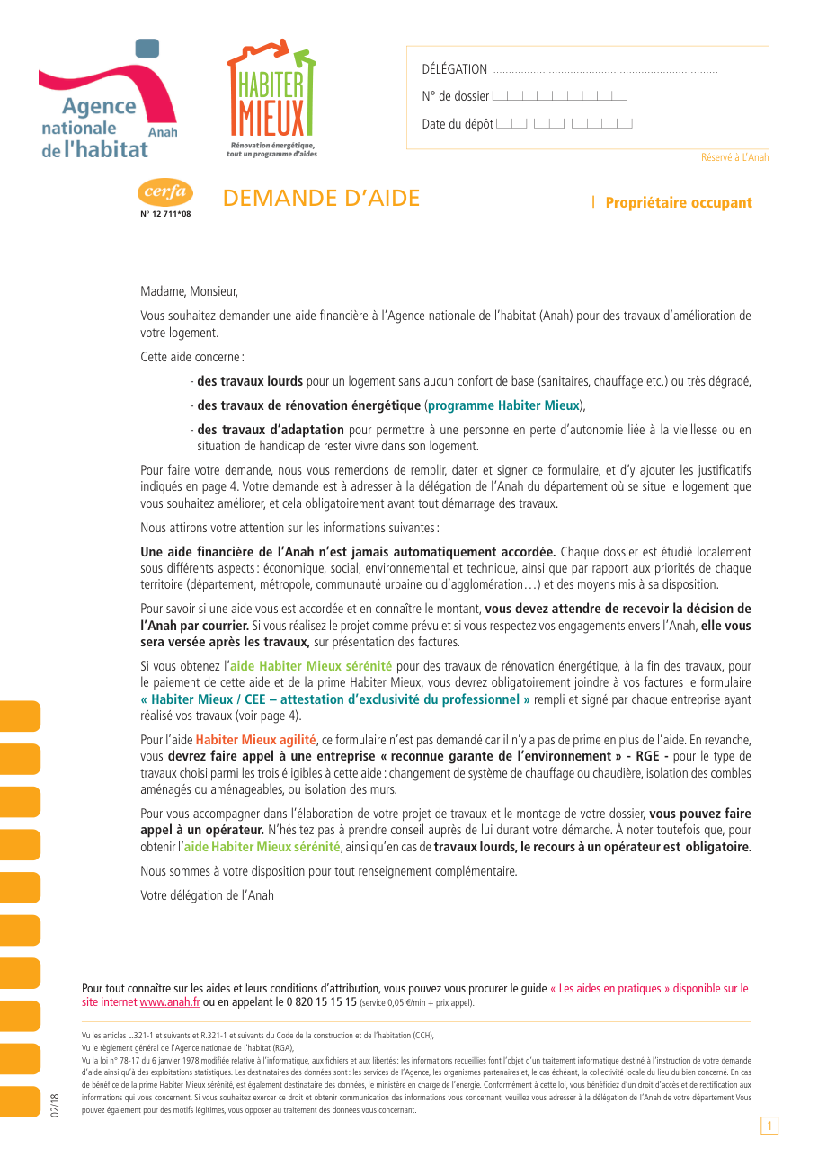 Page 1 du formulaire cerfa 12711 — Demande d'aide financière à l'Agence nationale de l'habitat (Anah) pour des travaux
