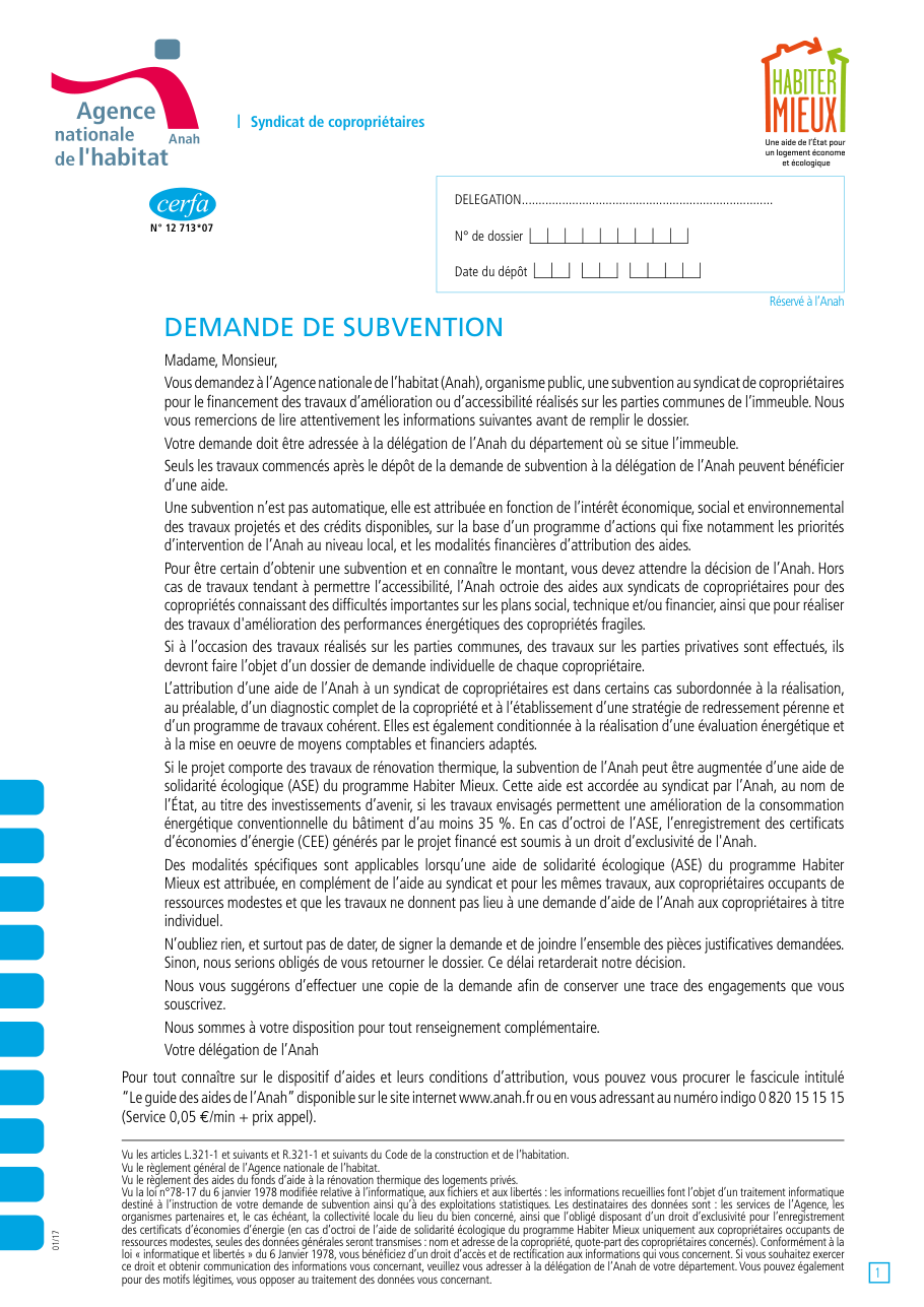 Page 1 du formulaire cerfa 12713 — Demande de subvention de l'Anah pour travaux en copropriété