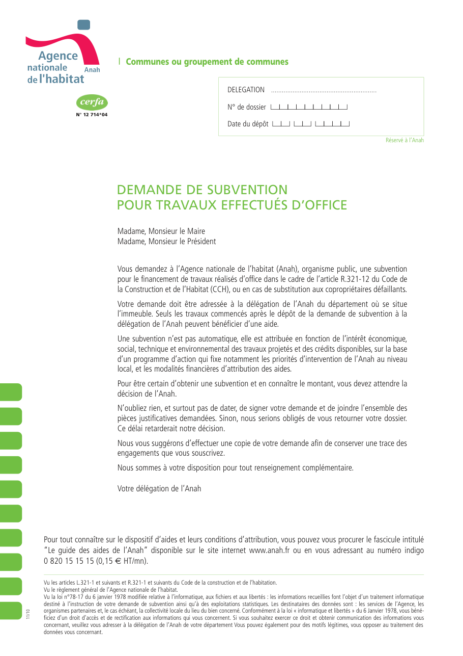 Page 1 du formulaire cerfa 12714 — Demande de subvention pour travaux effectués d’office