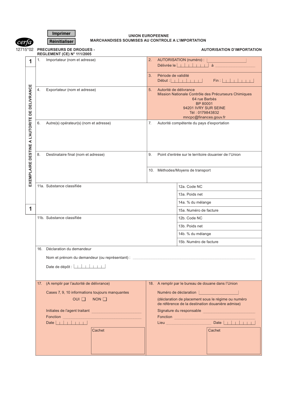 Page 1 du formulaire cerfa 12715 — Demander une autorisation d'importation de précurseurs de drogues dans l'Union européenne