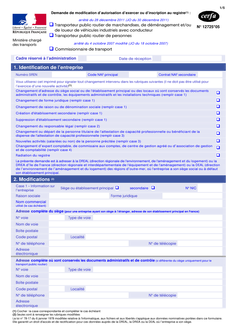 Page 1 du formulaire cerfa 12725 — Transporteur public routier de marchandises, de déménagement et/ou de loueur de véhicules